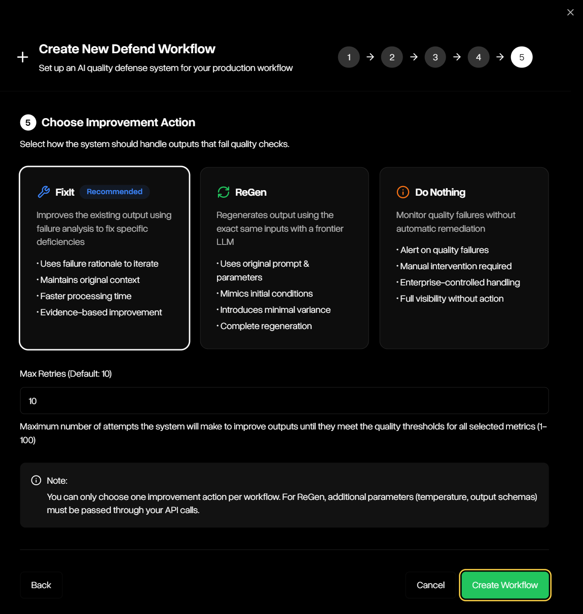Defend workflow creation step 4 choose improvement action