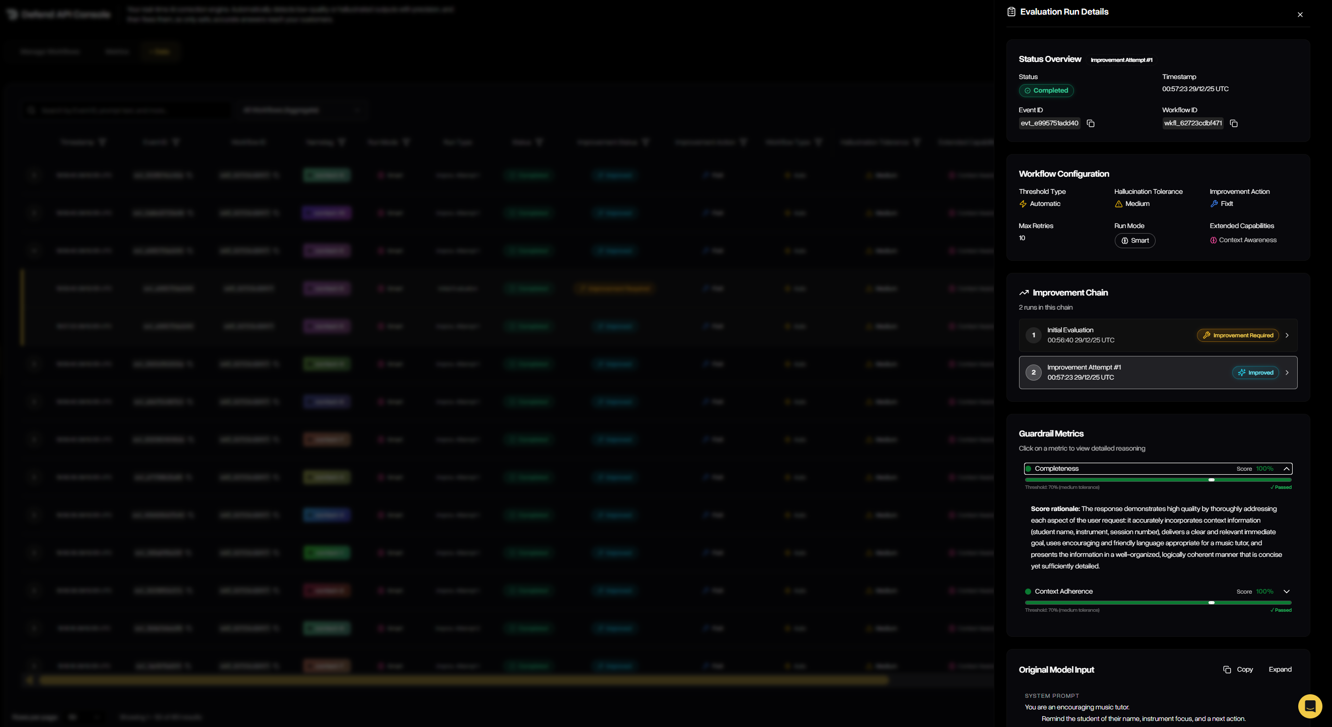 Defend Data evaluation details showing retries and improvement chain