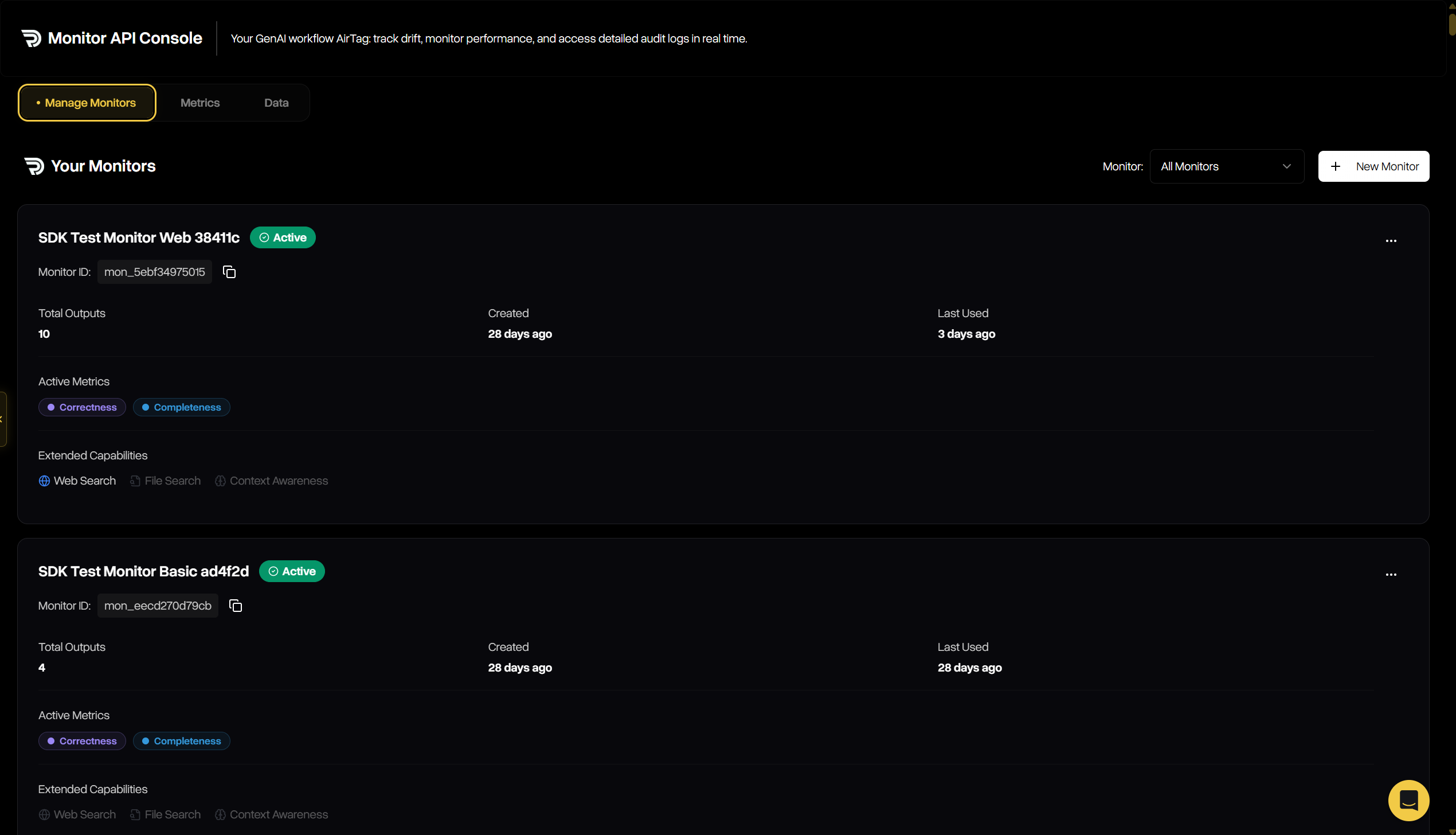 Manage Monitors screen with create form and active monitors list