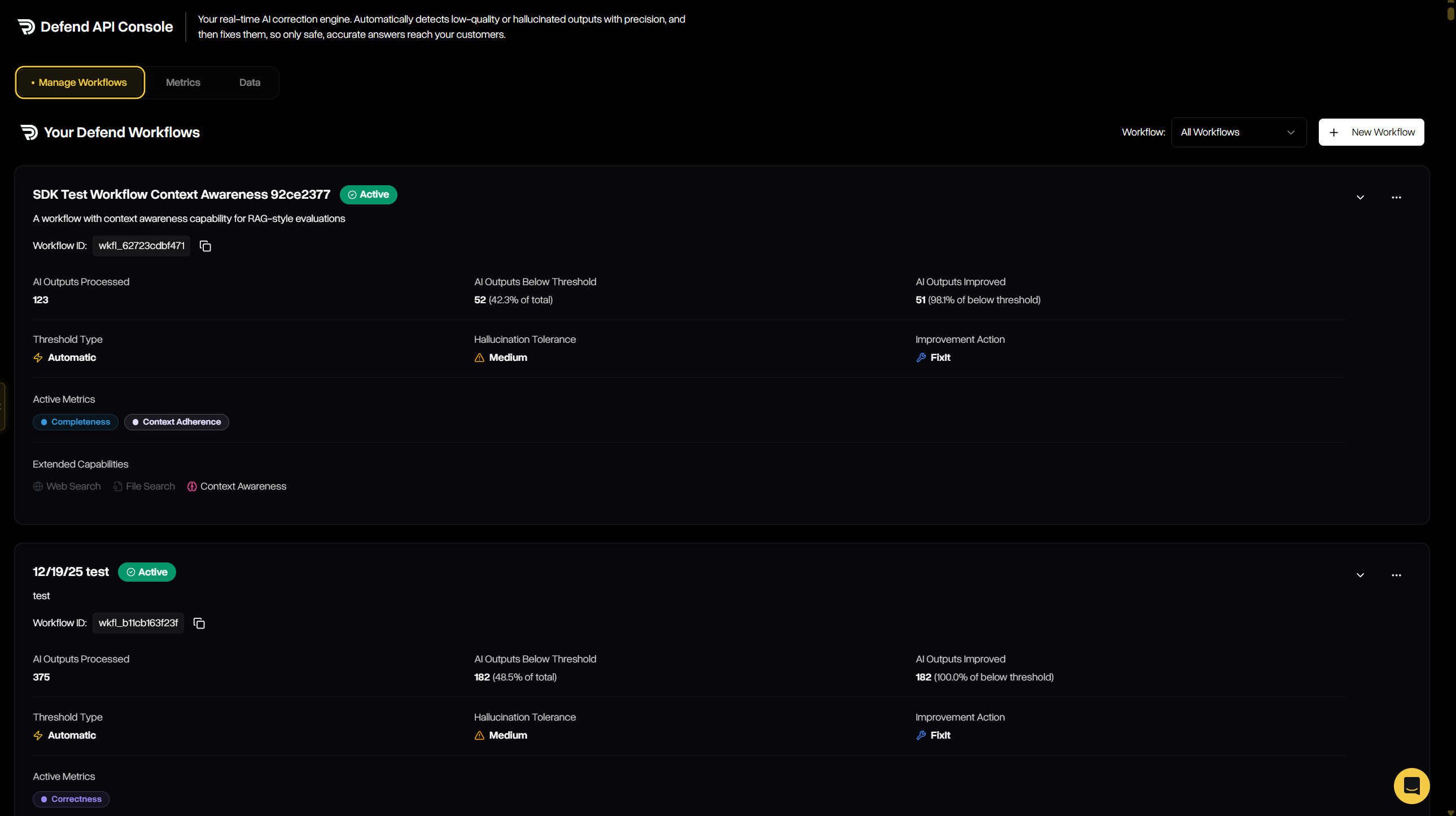 Workflow detail screen in Manage Workflows tab
