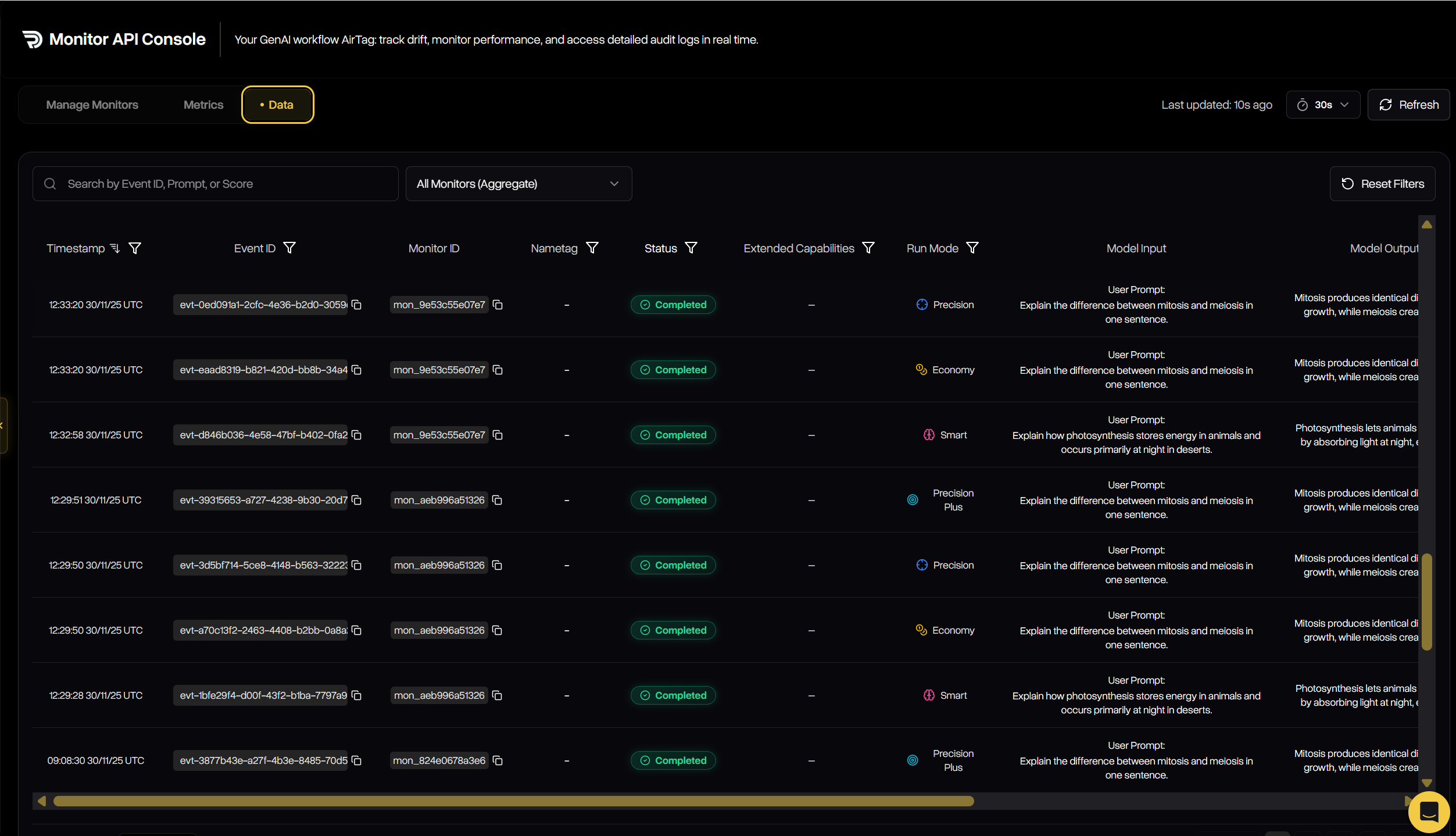 Monitor Data table of evaluated runs with filters and guardrail score columns