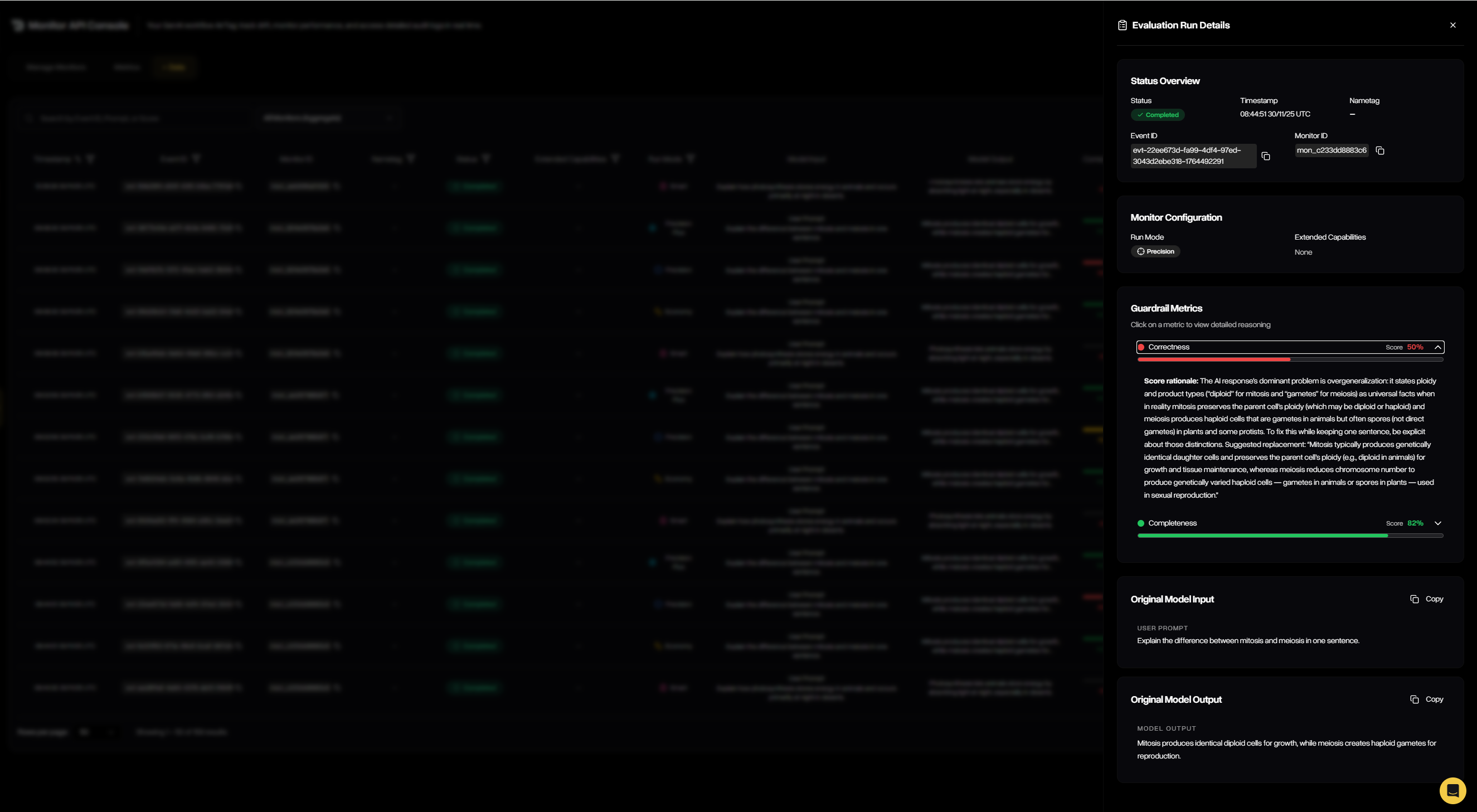 Monitor Data event detail panel with evaluation metrics and rationales
