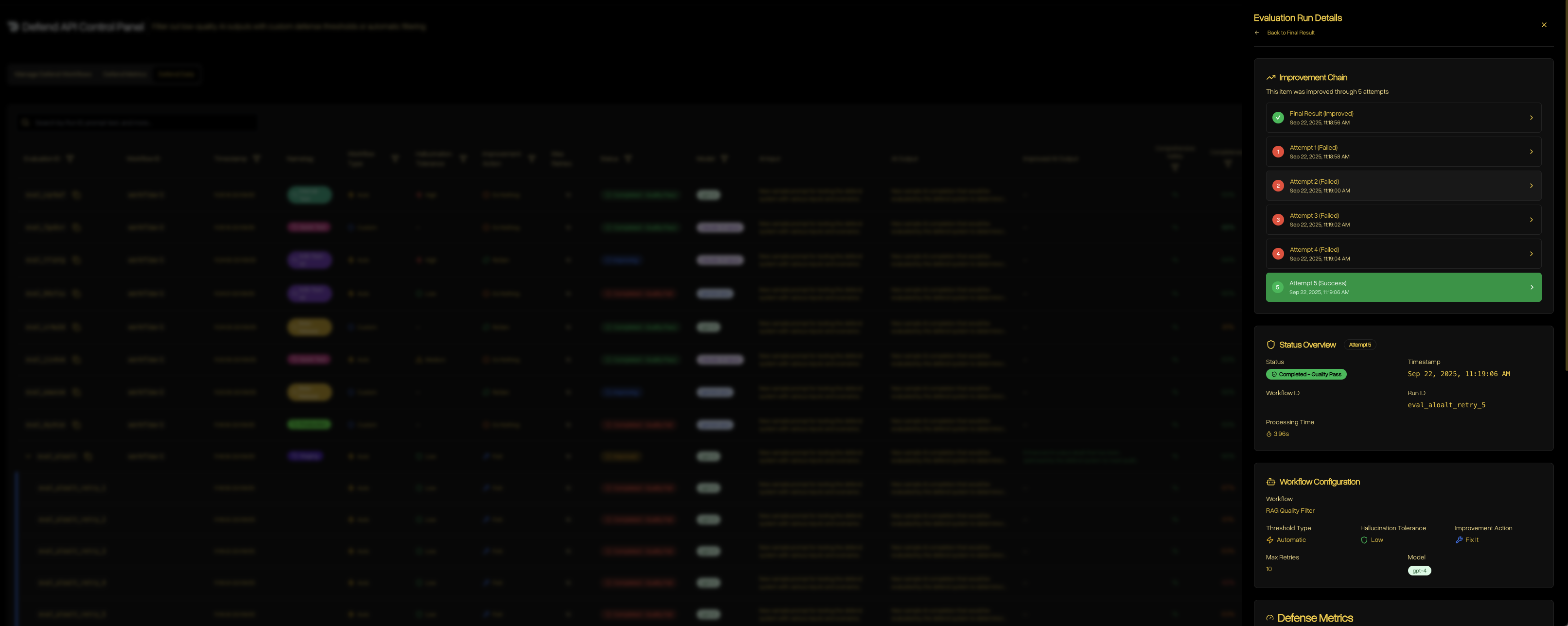 Defend Data evaluation details showing retries and improvement chain