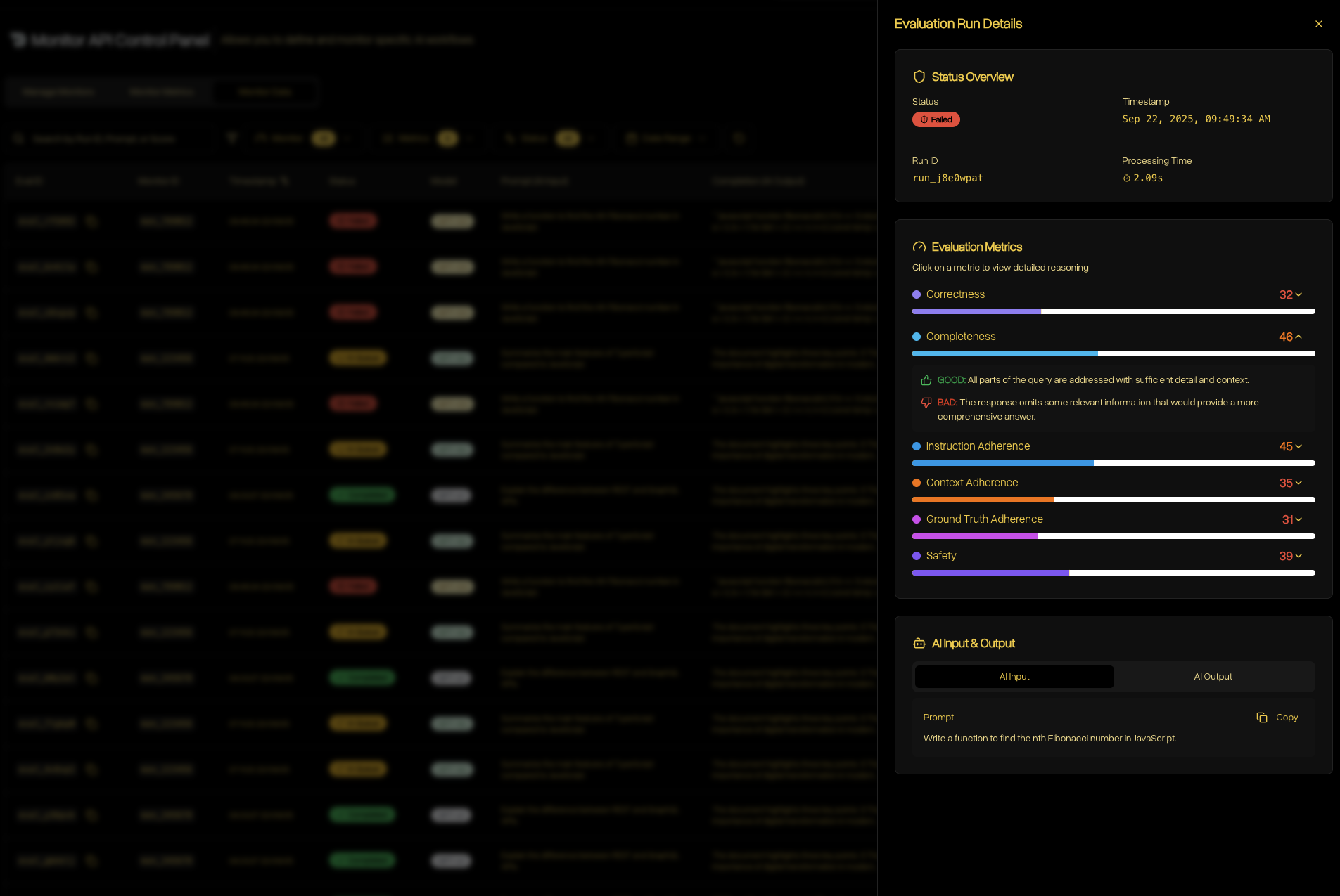 Monitor Data event detail panel with evaluation metrics and rationales