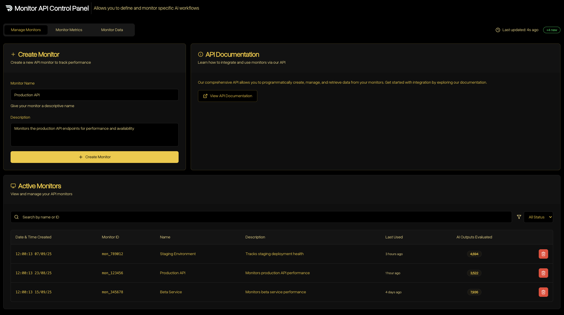 Manage Monitors screen with create form and active monitors list