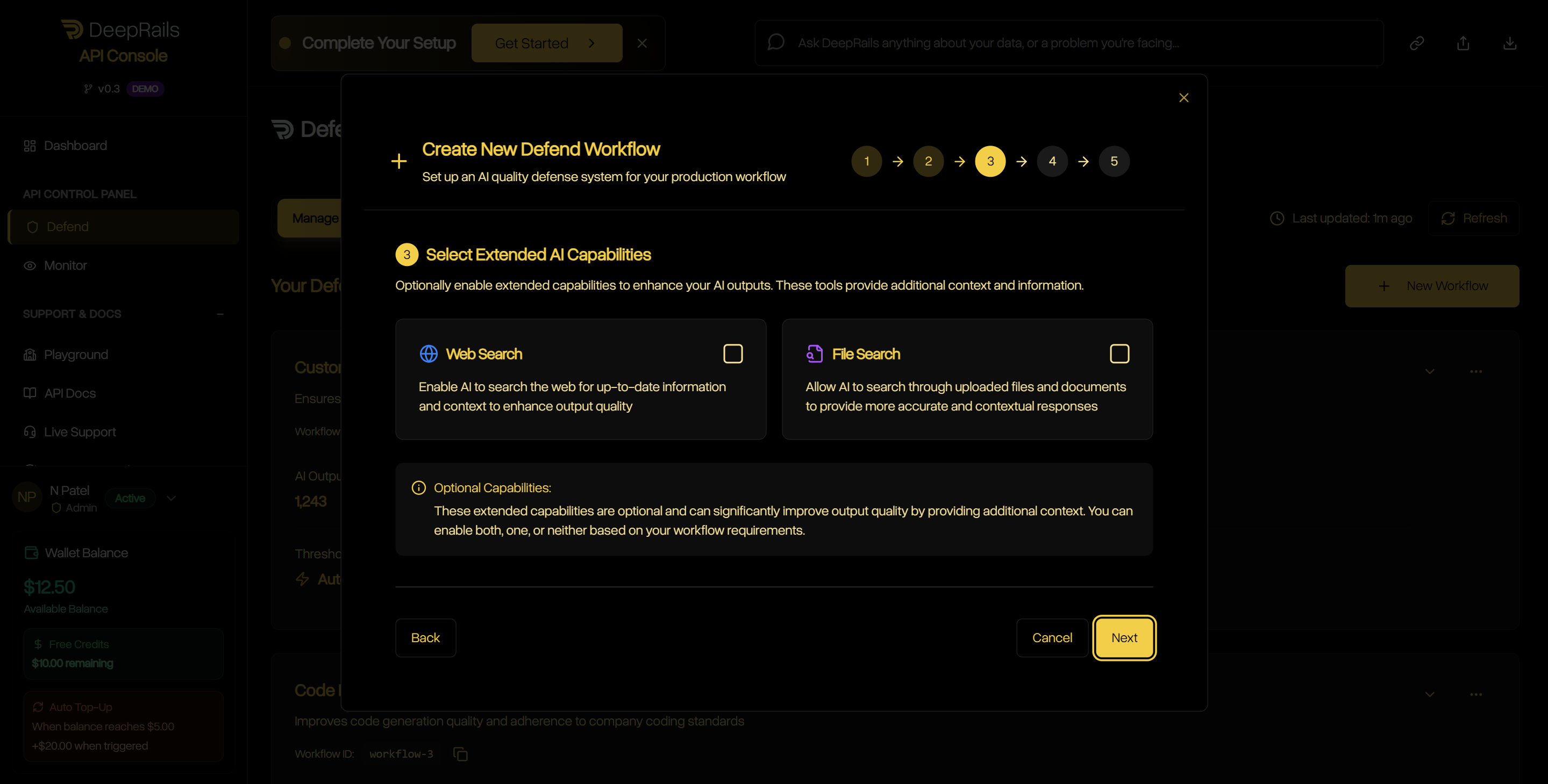 Defend workflow creation step 3 select metrics