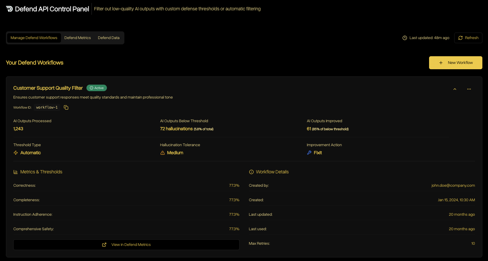 Workflow detail screen in Manage Defend Workflows tab