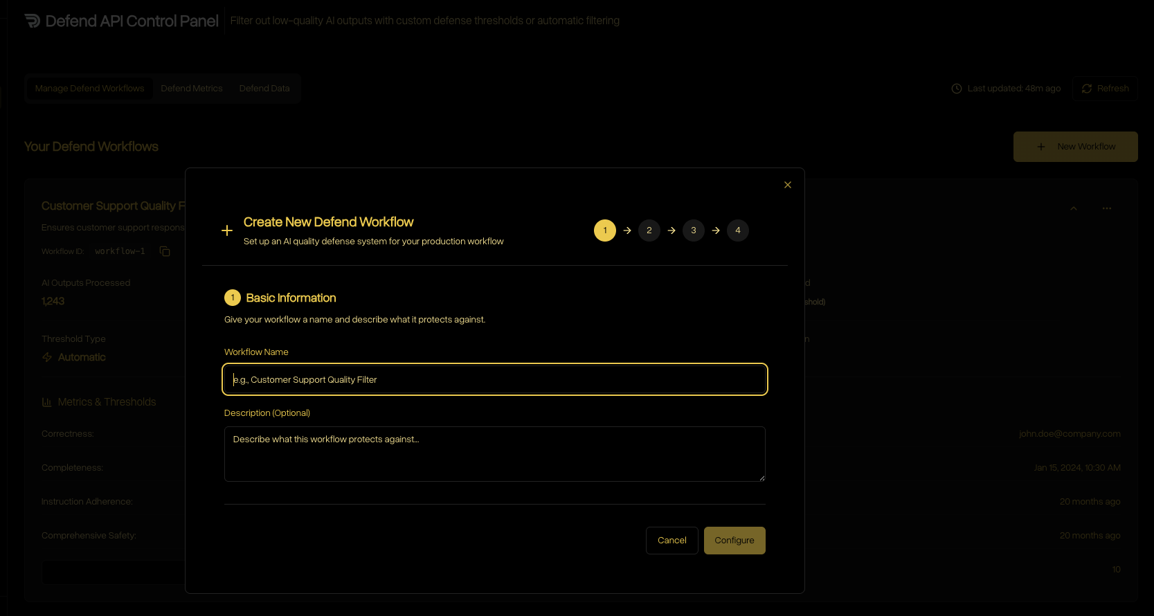 Defend workflow creation step 1 basic information