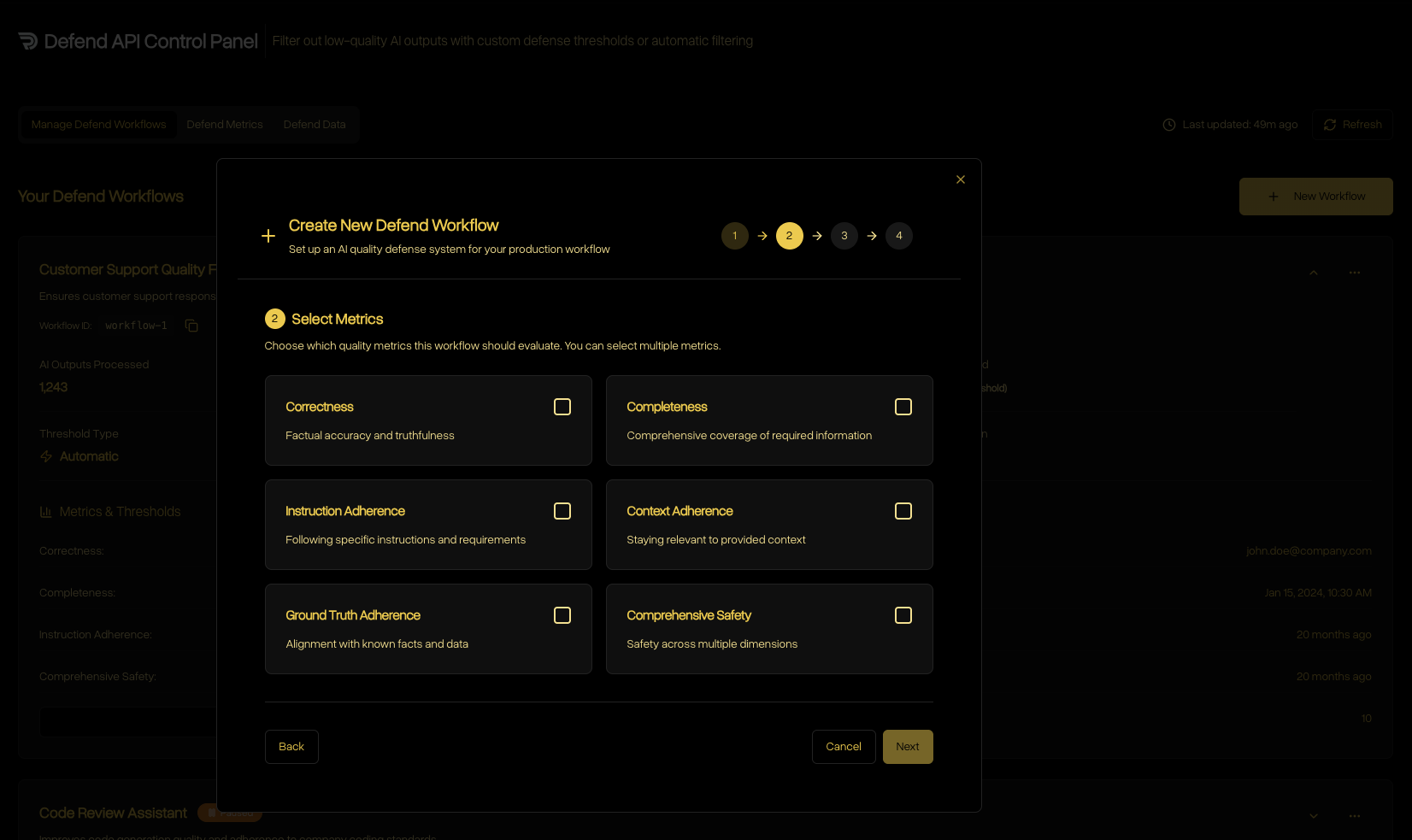 Defend workflow creation step 2 select metrics