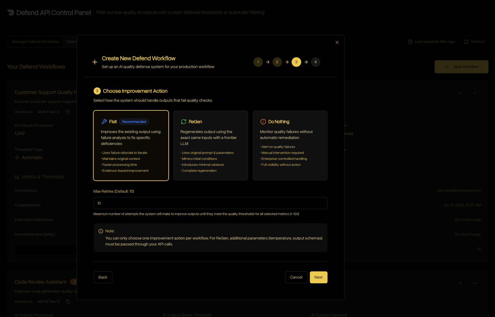 Defend workflow creation step 3 choose improvement action