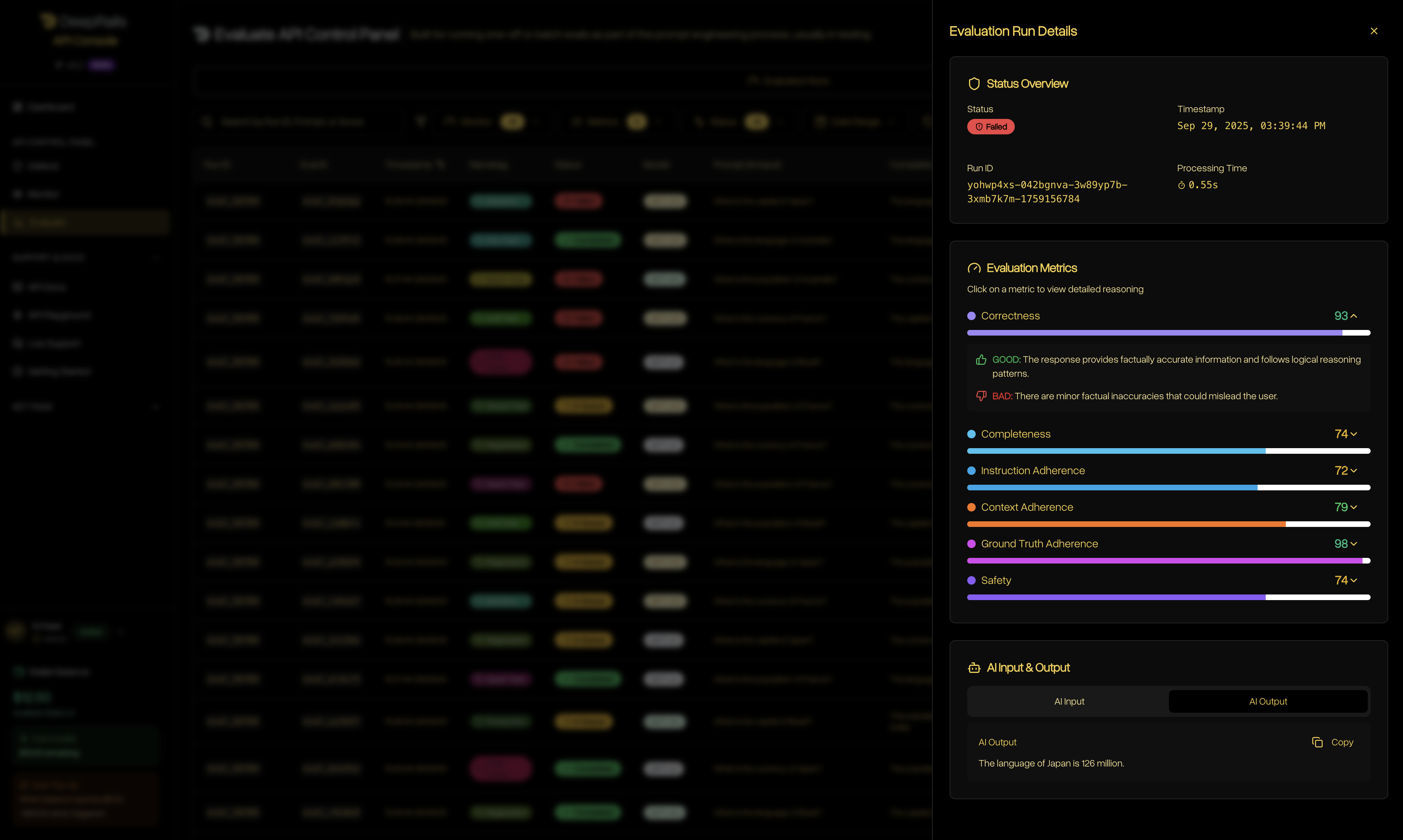 Evaluation Run details screen showing metric scores, rationales, and input/output