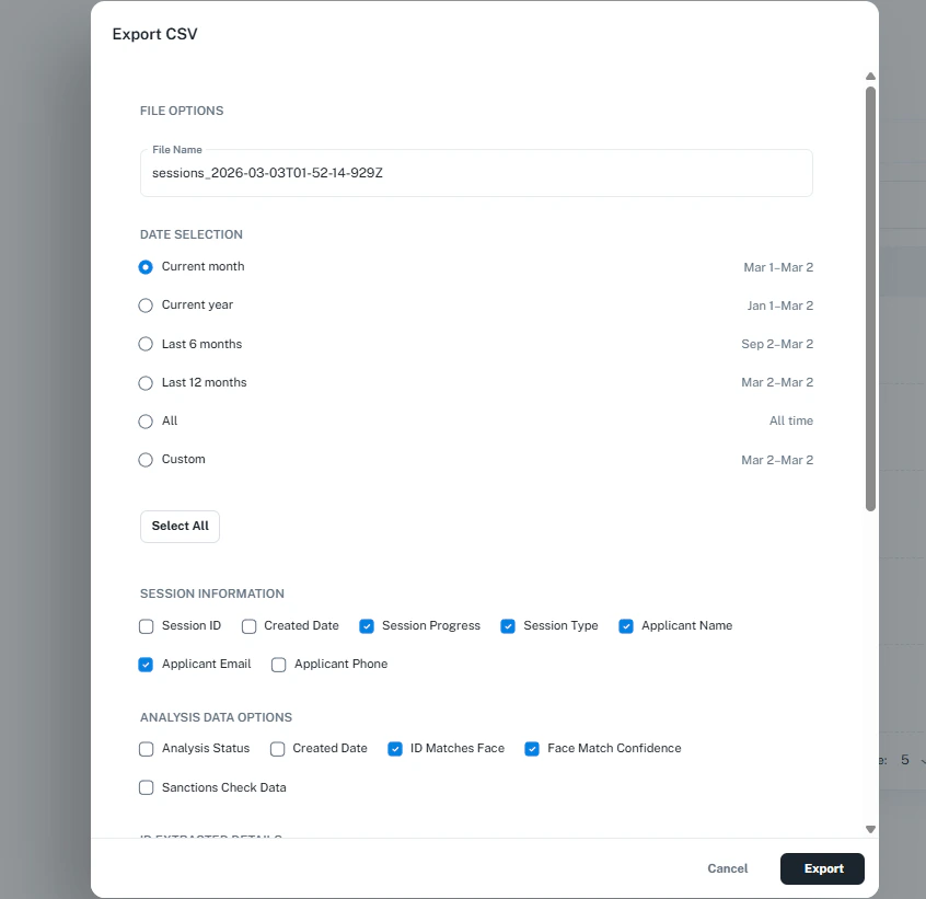 Export CSV dialog with date selection and field options