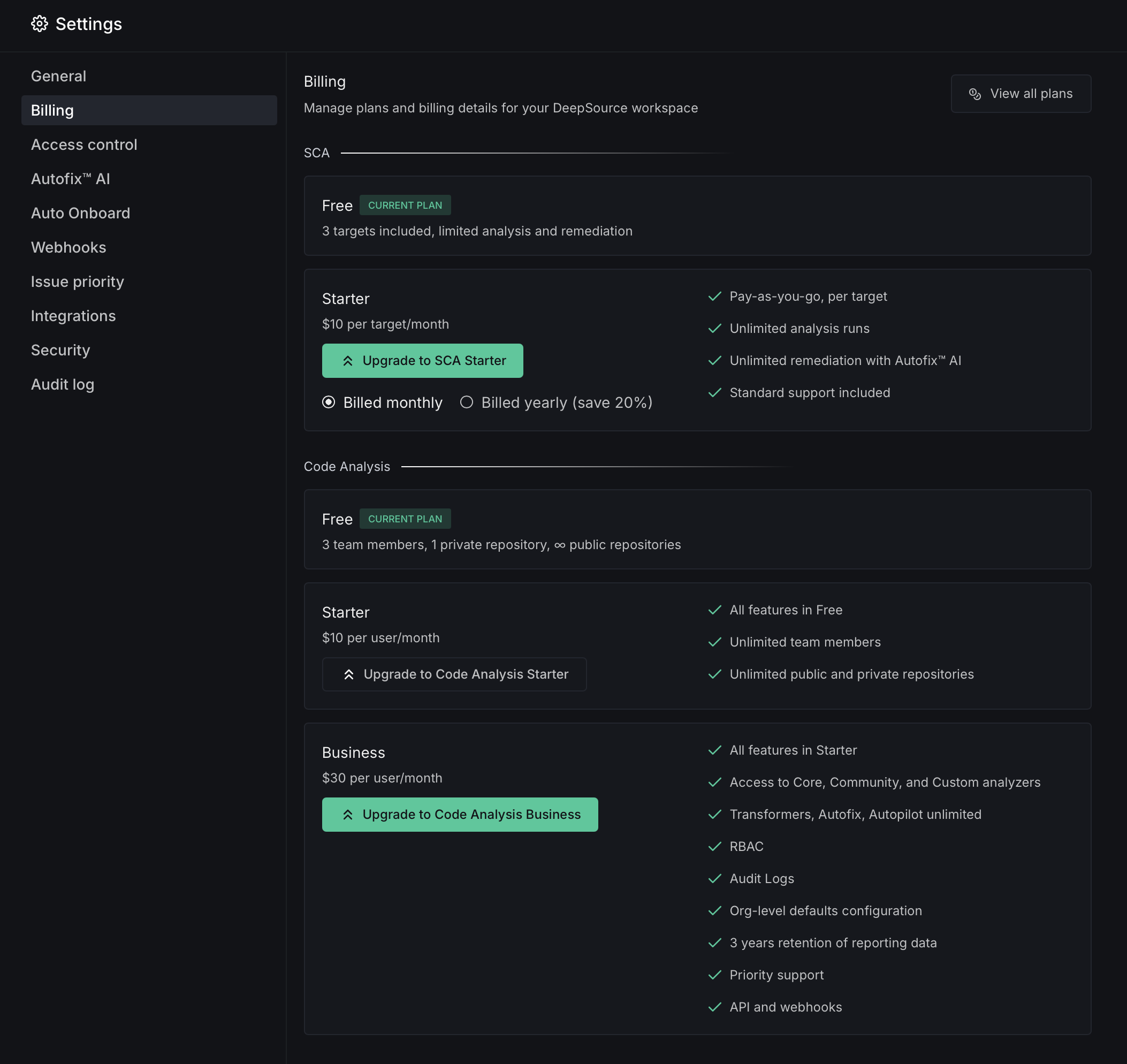 DeepSource billing upgrade interface showing Free, Starter and Business plan options