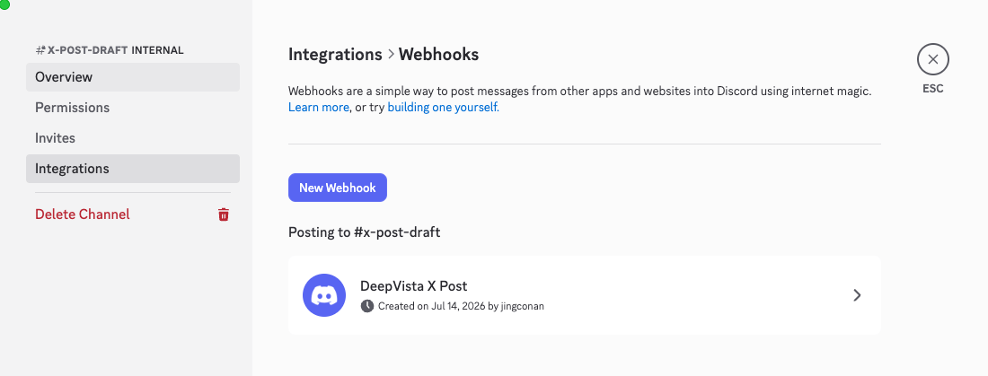 Discord channel Integrations and Webhooks settings
