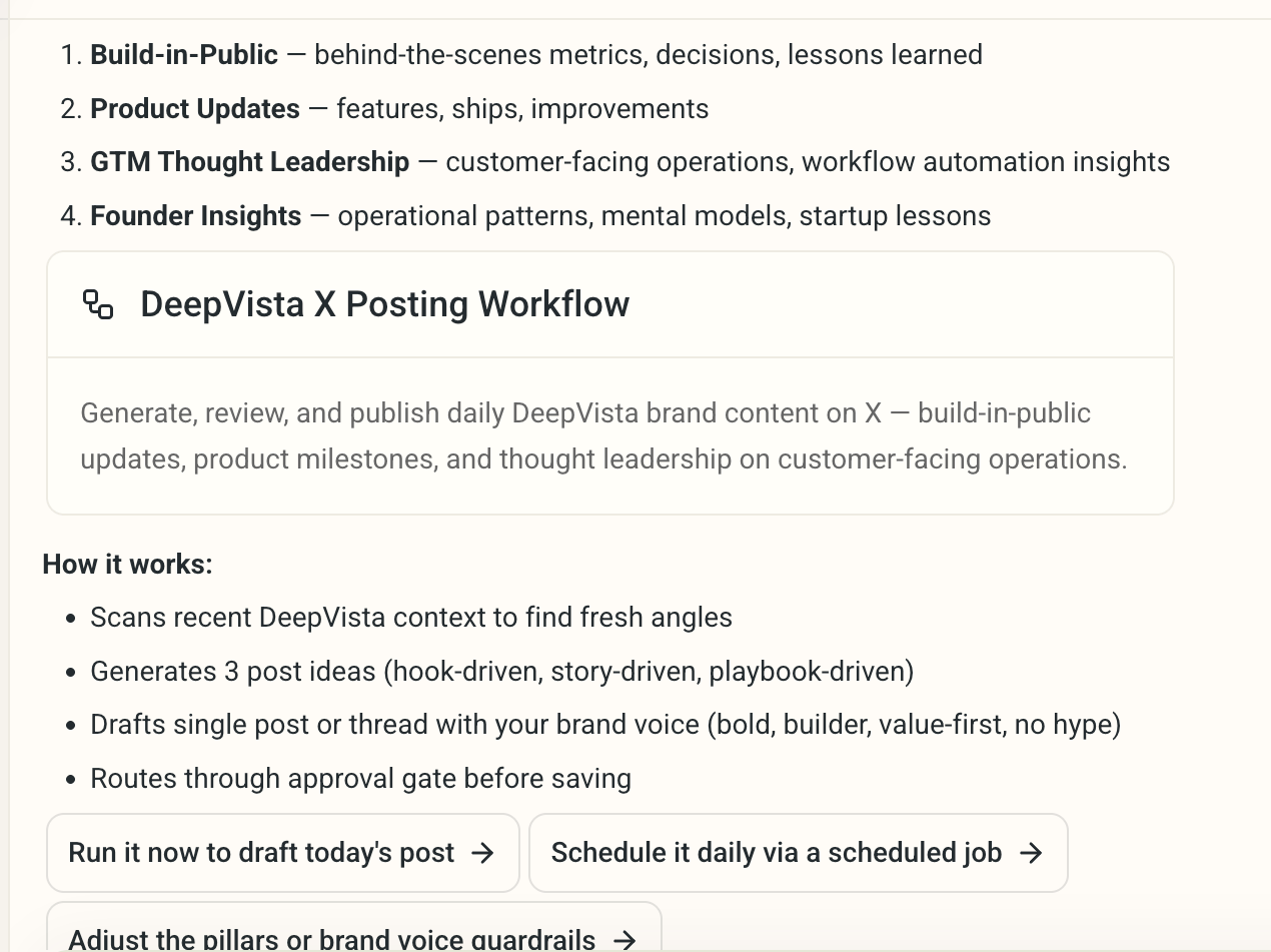 Workflow card in the chat output