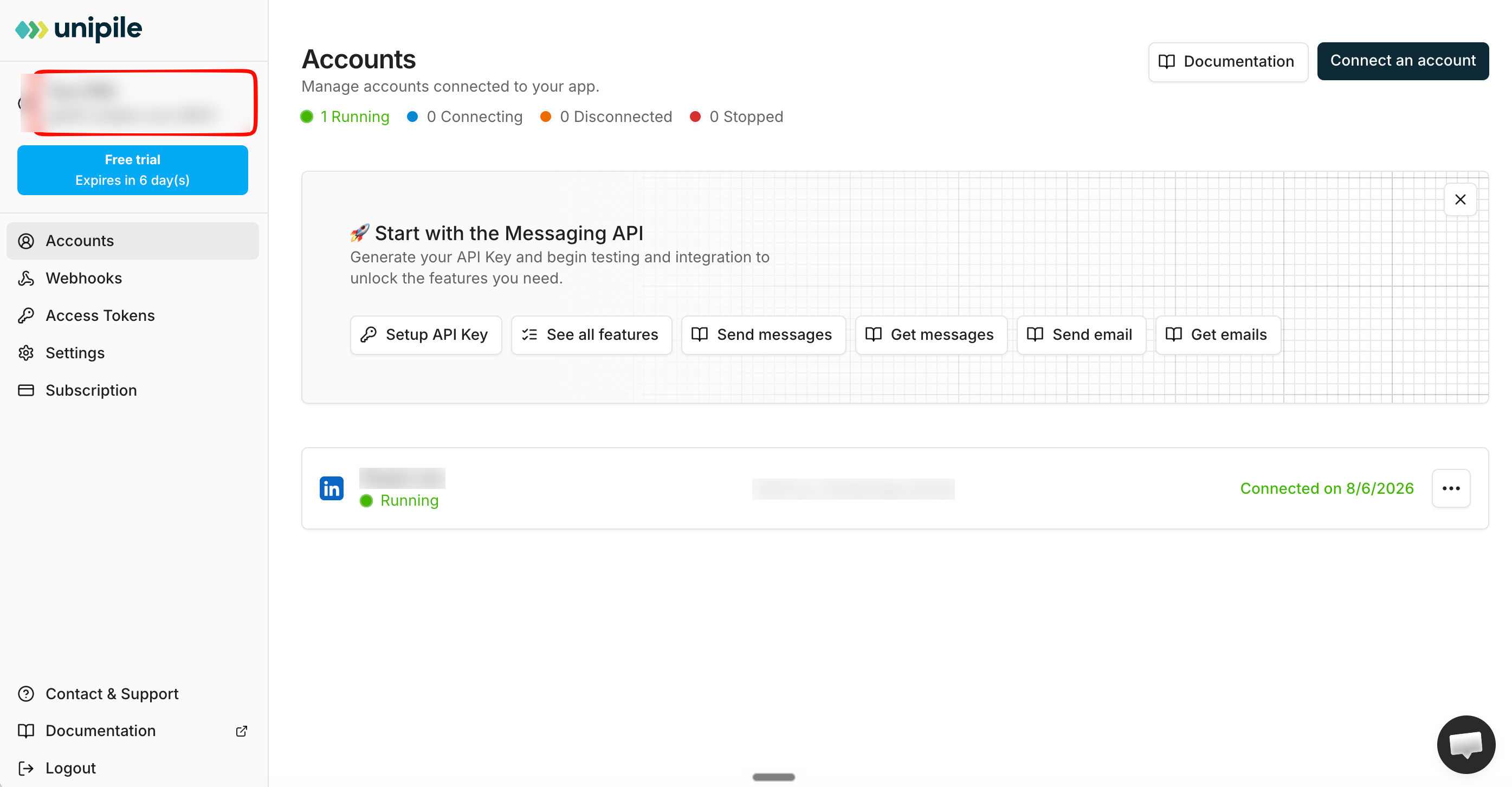 Unipile dashboard with the DSN highlighted in the sidebar