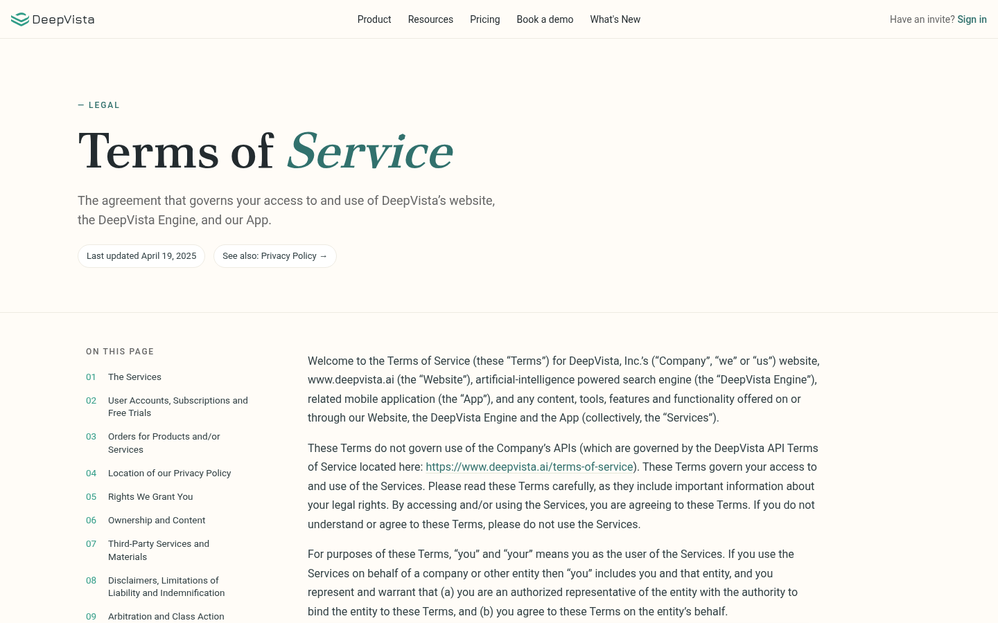 Terms of Service hosted in the app, with an On this page index