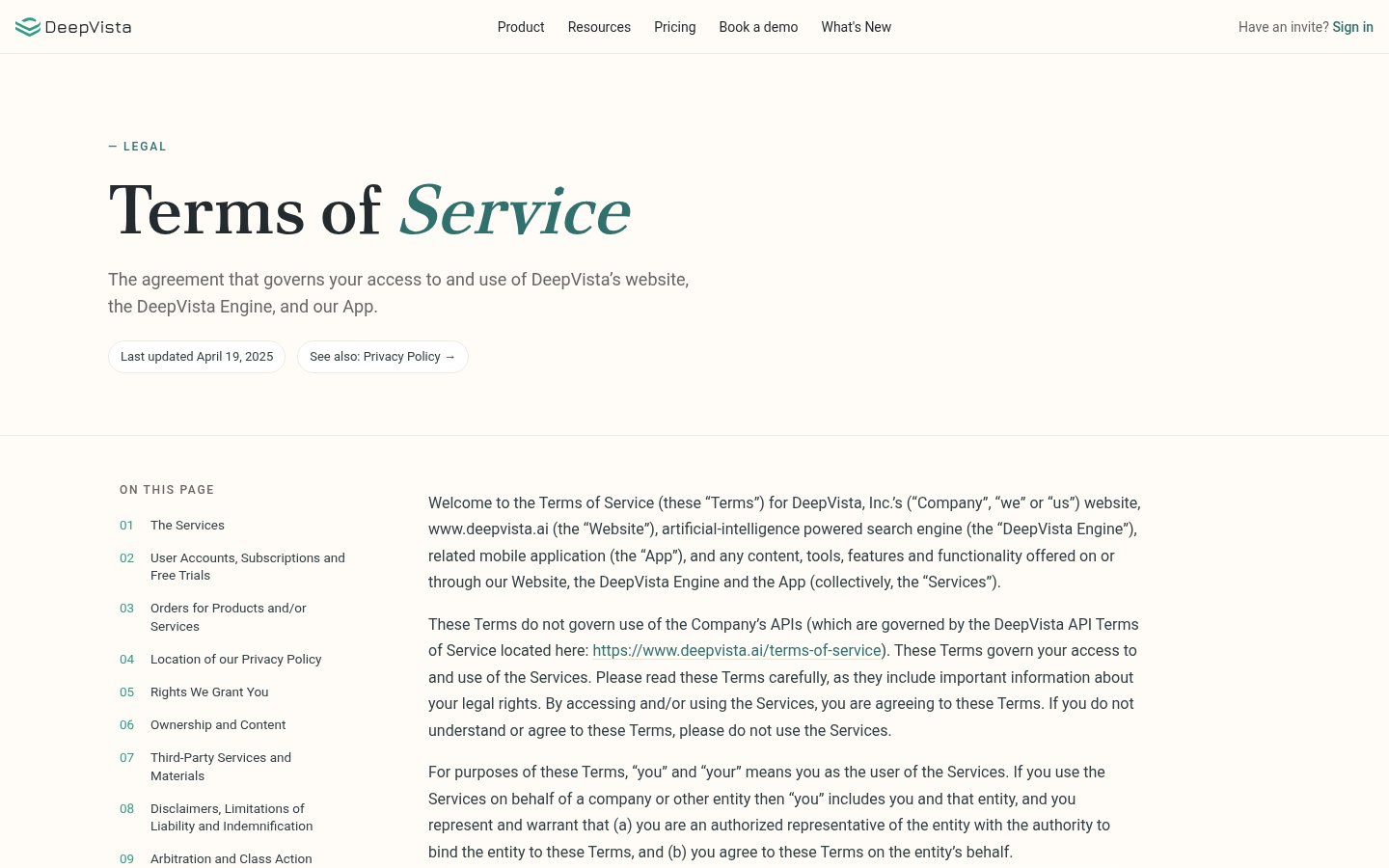 Terms of Service hosted in the app, with an On this page index