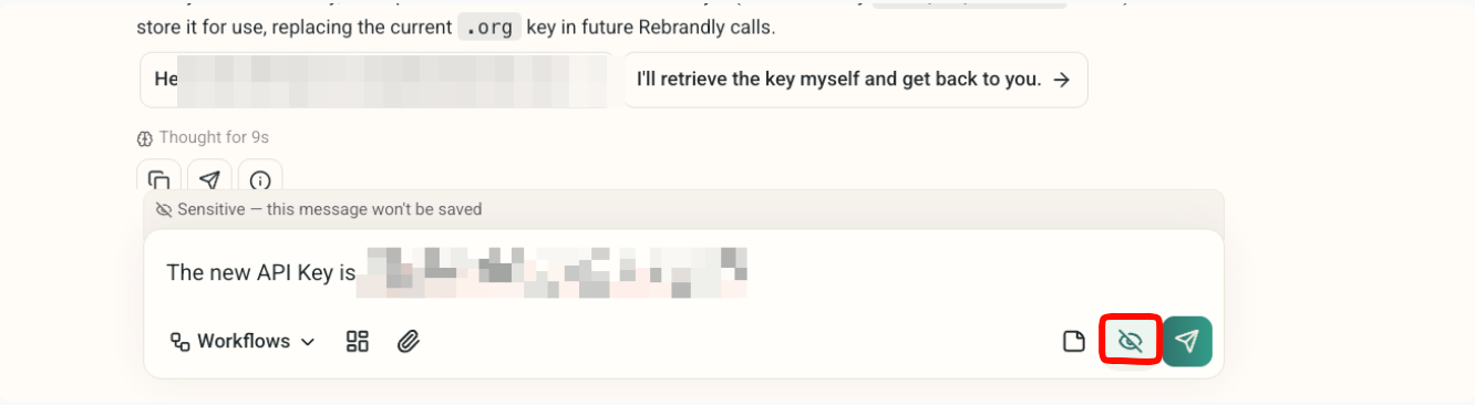 DeepVista chat with the sensitive-message toggle enabled, showing a redacted API key that won't be saved