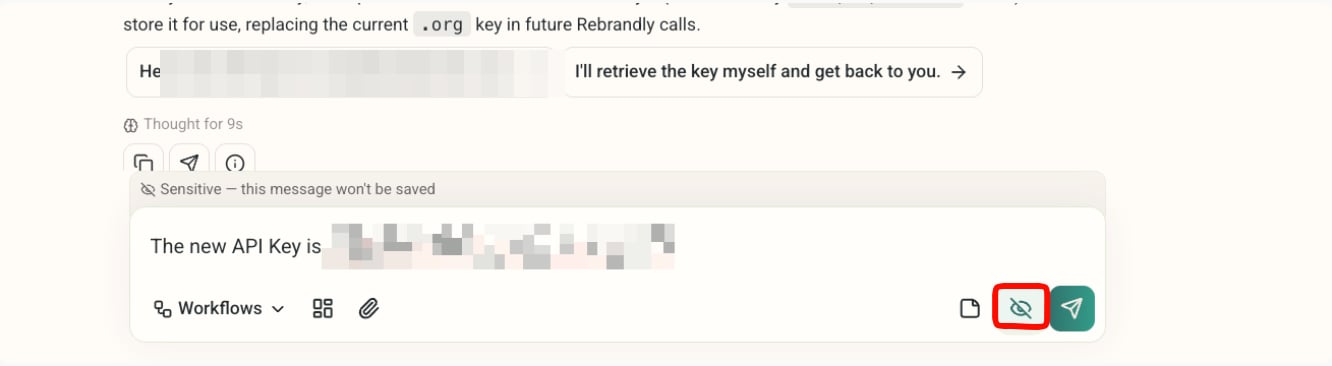 DeepVista chat with the sensitive-message toggle enabled, showing a redacted API key that won't be saved