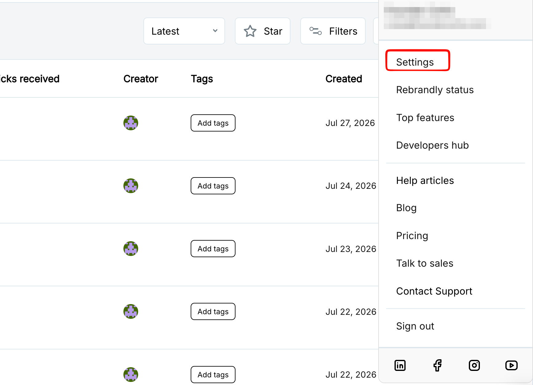 Rebrandly account menu open, with Settings highlighted