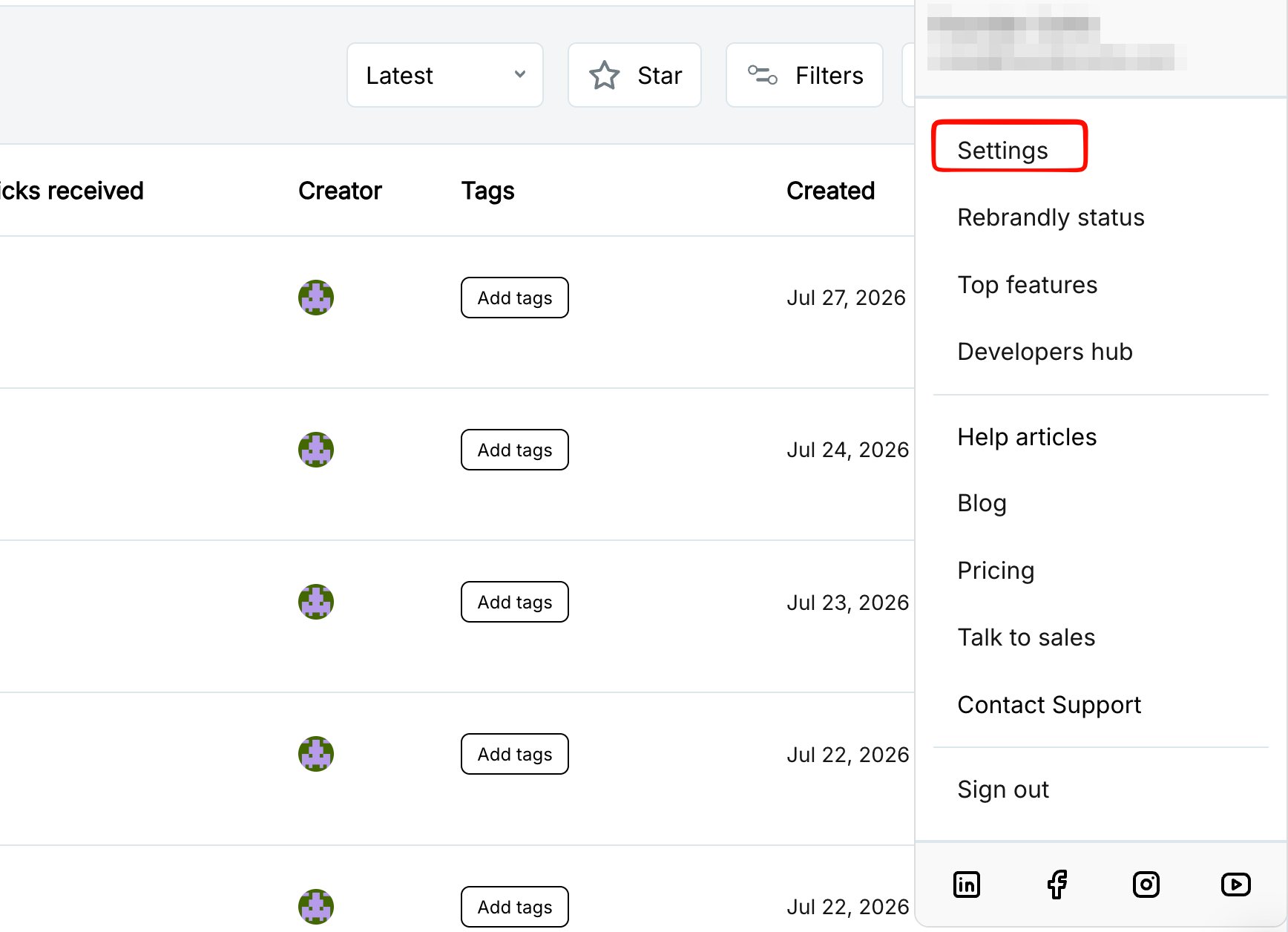 Rebrandly account menu open, with Settings highlighted