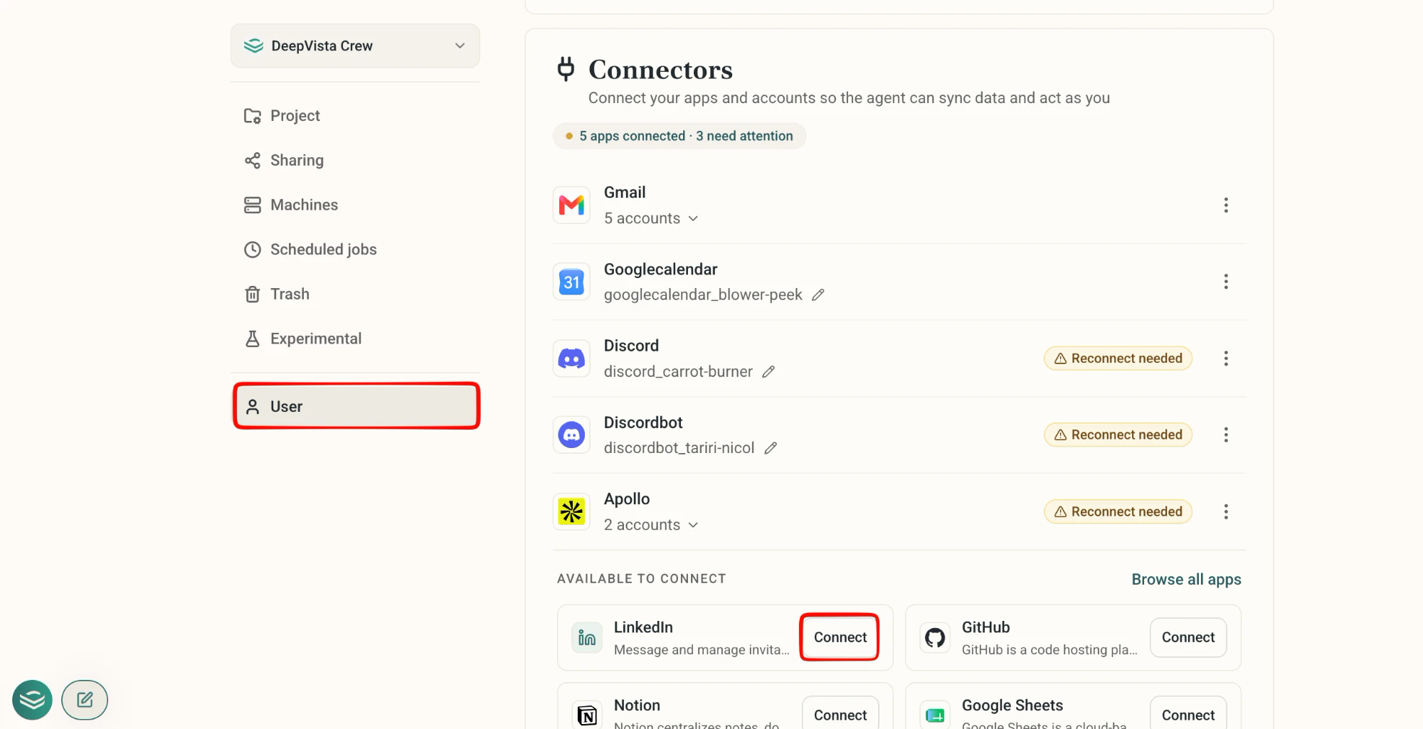 The Connectors settings page with LinkedIn available to connect