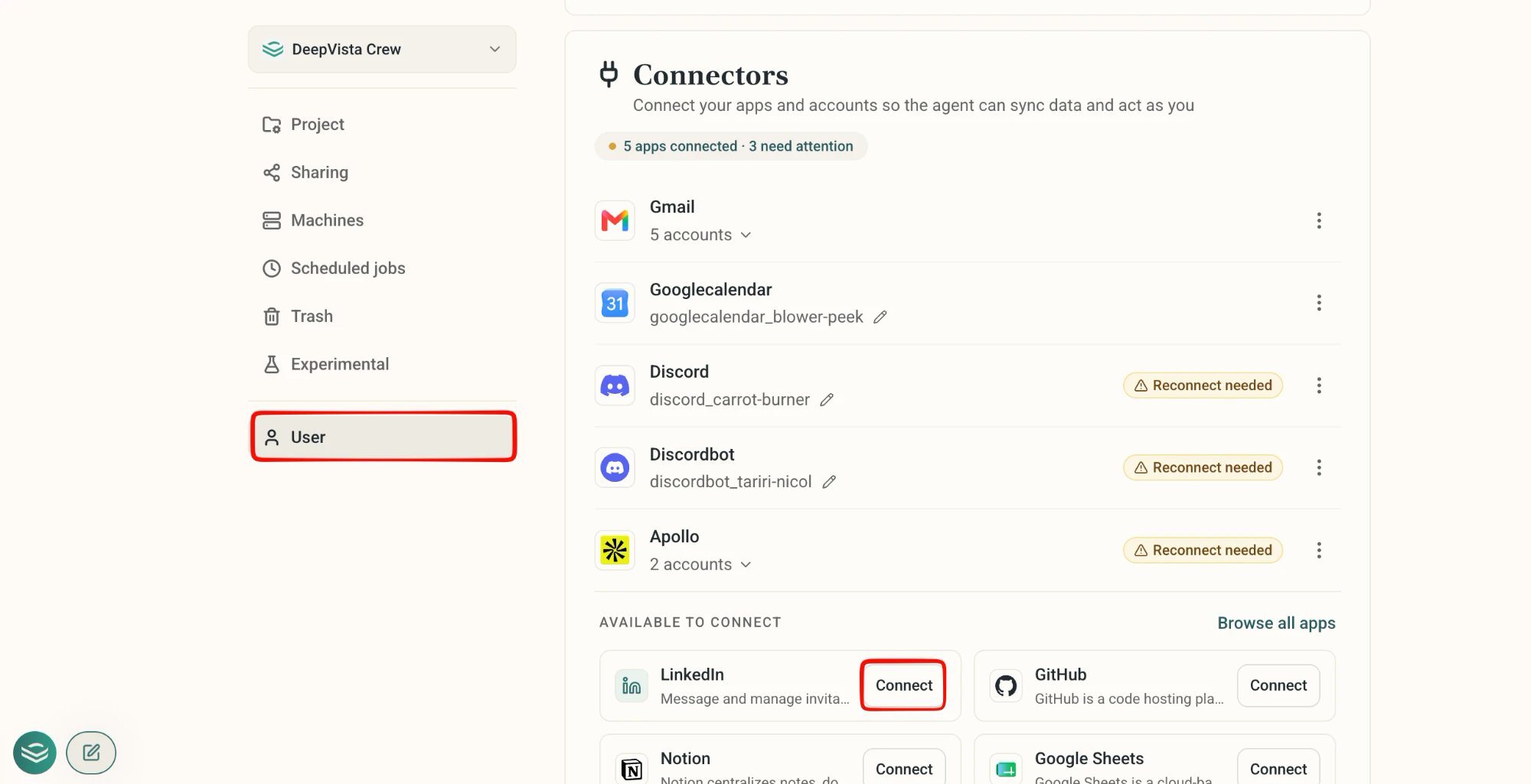 The Connectors settings page with LinkedIn available to connect