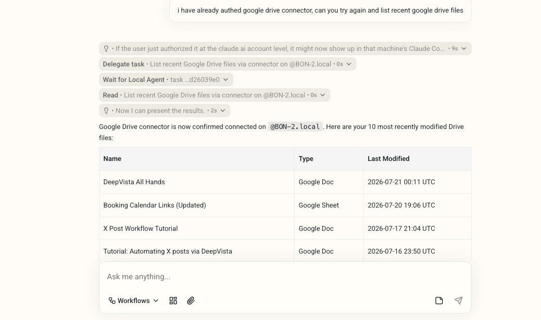 Chat response listing recent Google Drive files through a connector on a connected machine