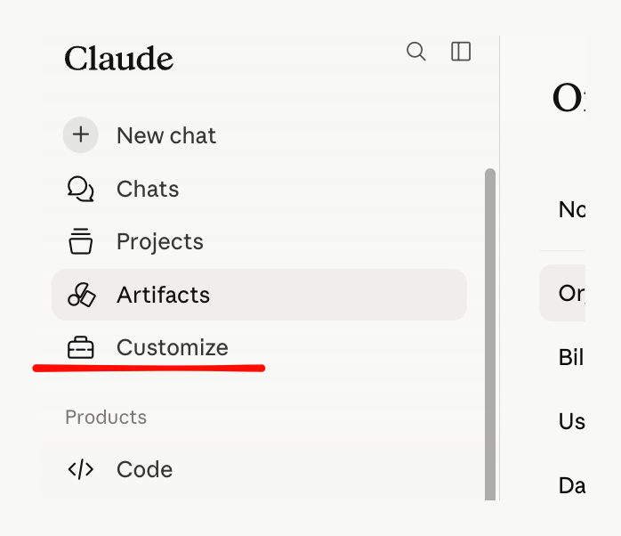 Claude sidebar with Customize highlighted