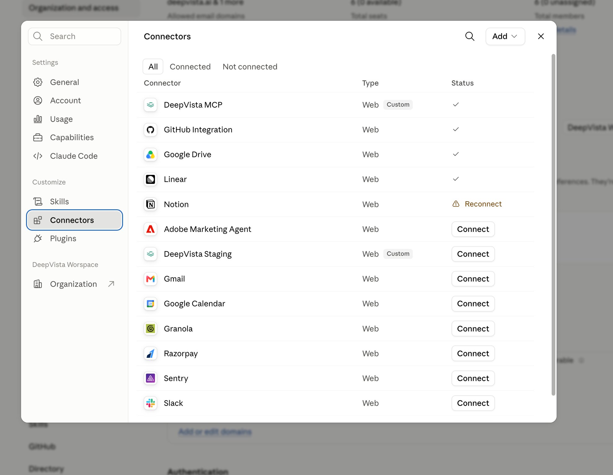 Connectors settings page listing available integrations and their connection status