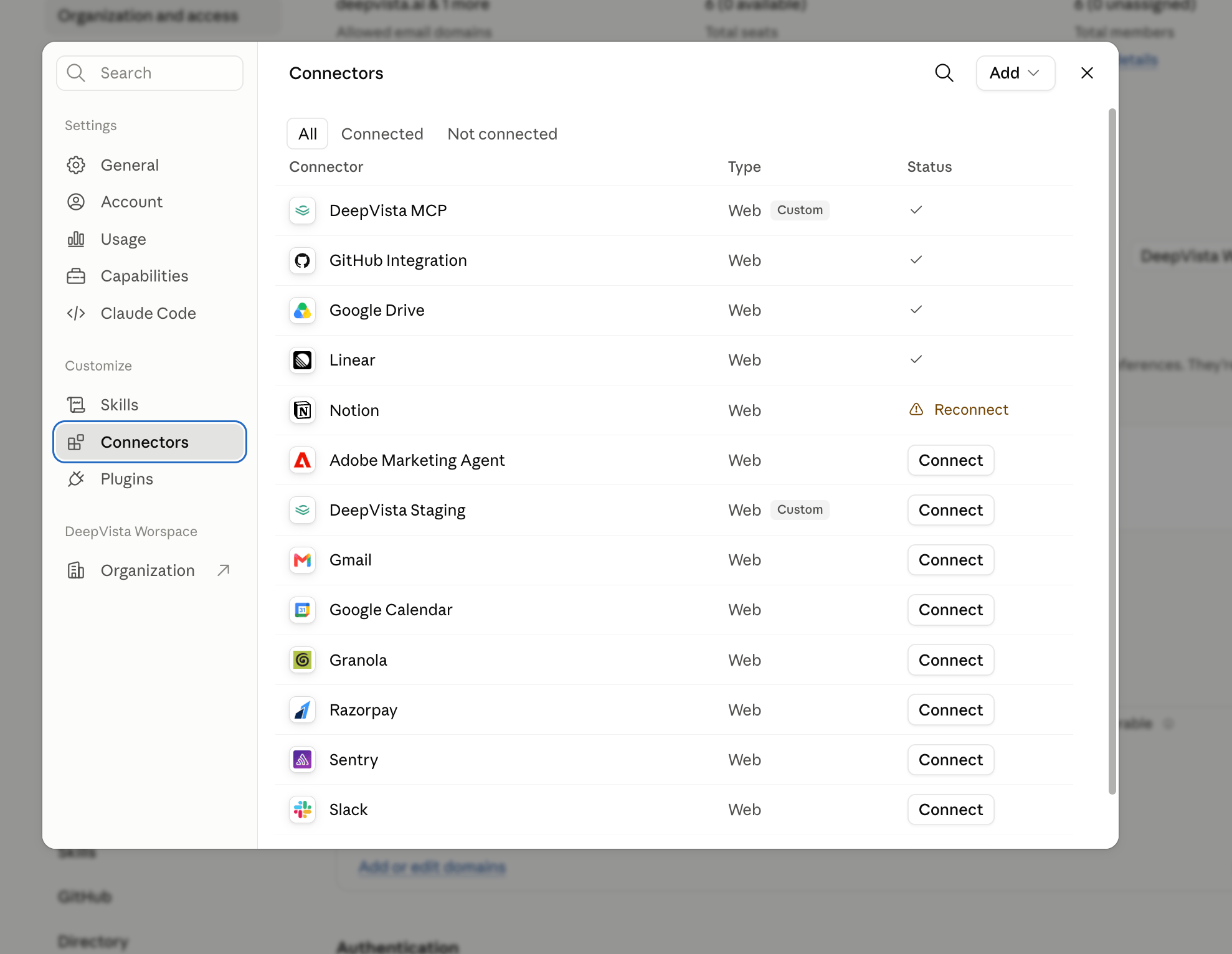 Connectors settings page listing available integrations and their connection status
