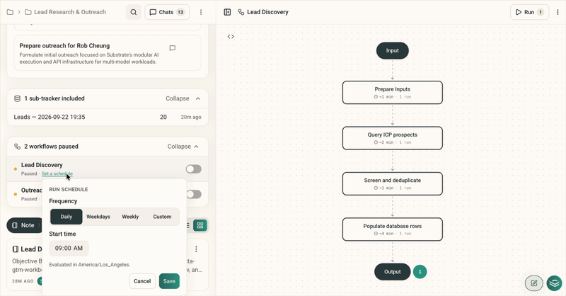 Clicking the schedule link next to a workflow toggle to set a run frequency