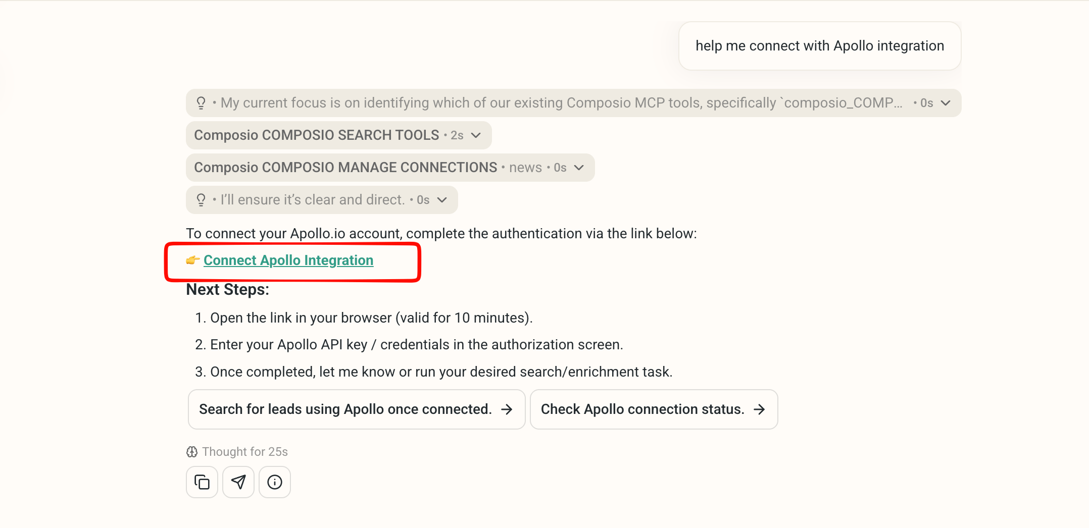 DeepVista chat with a Connect Apollo Integration link and next steps for authorizing the connection
