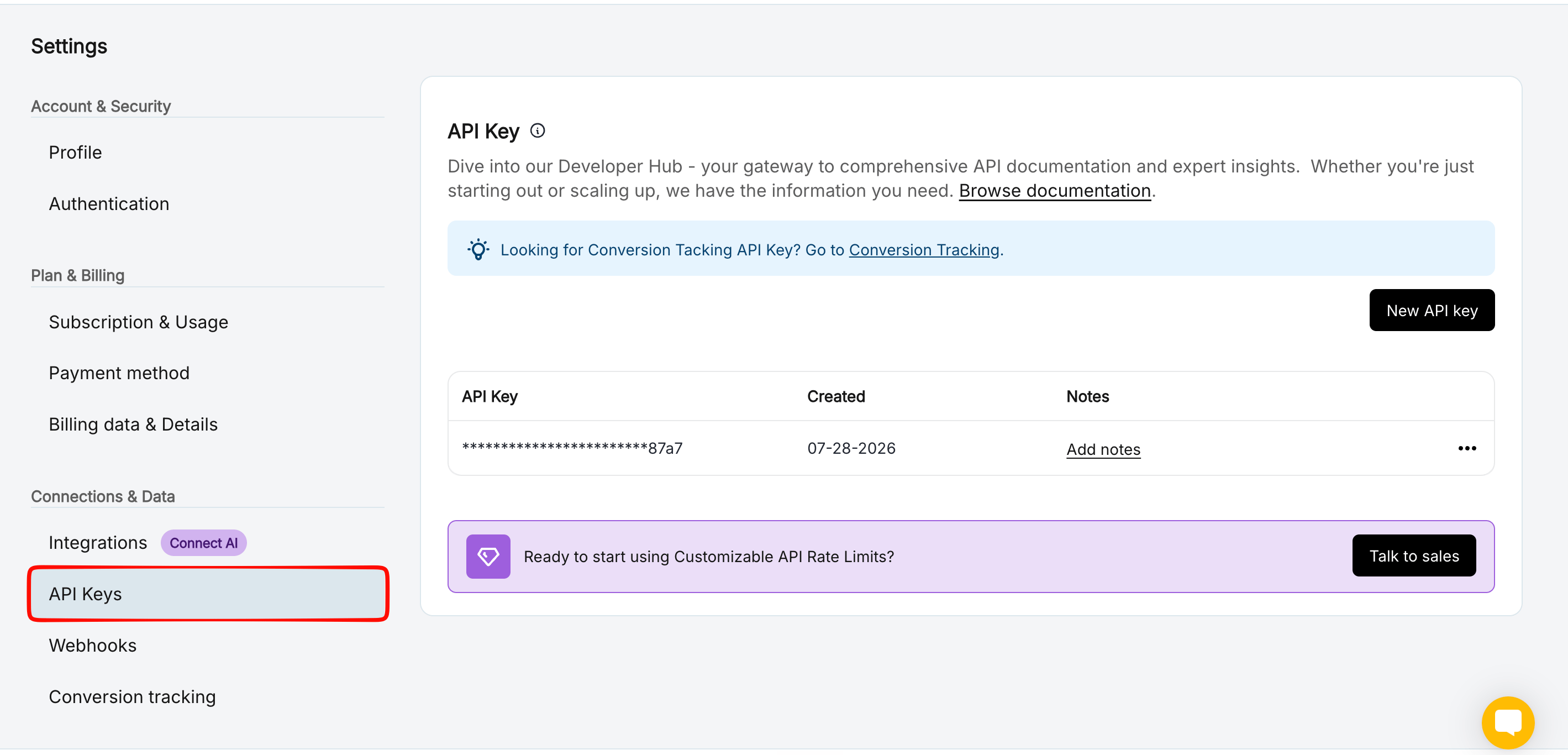 Rebrandly Settings page with the API Keys section selected, showing a masked API key