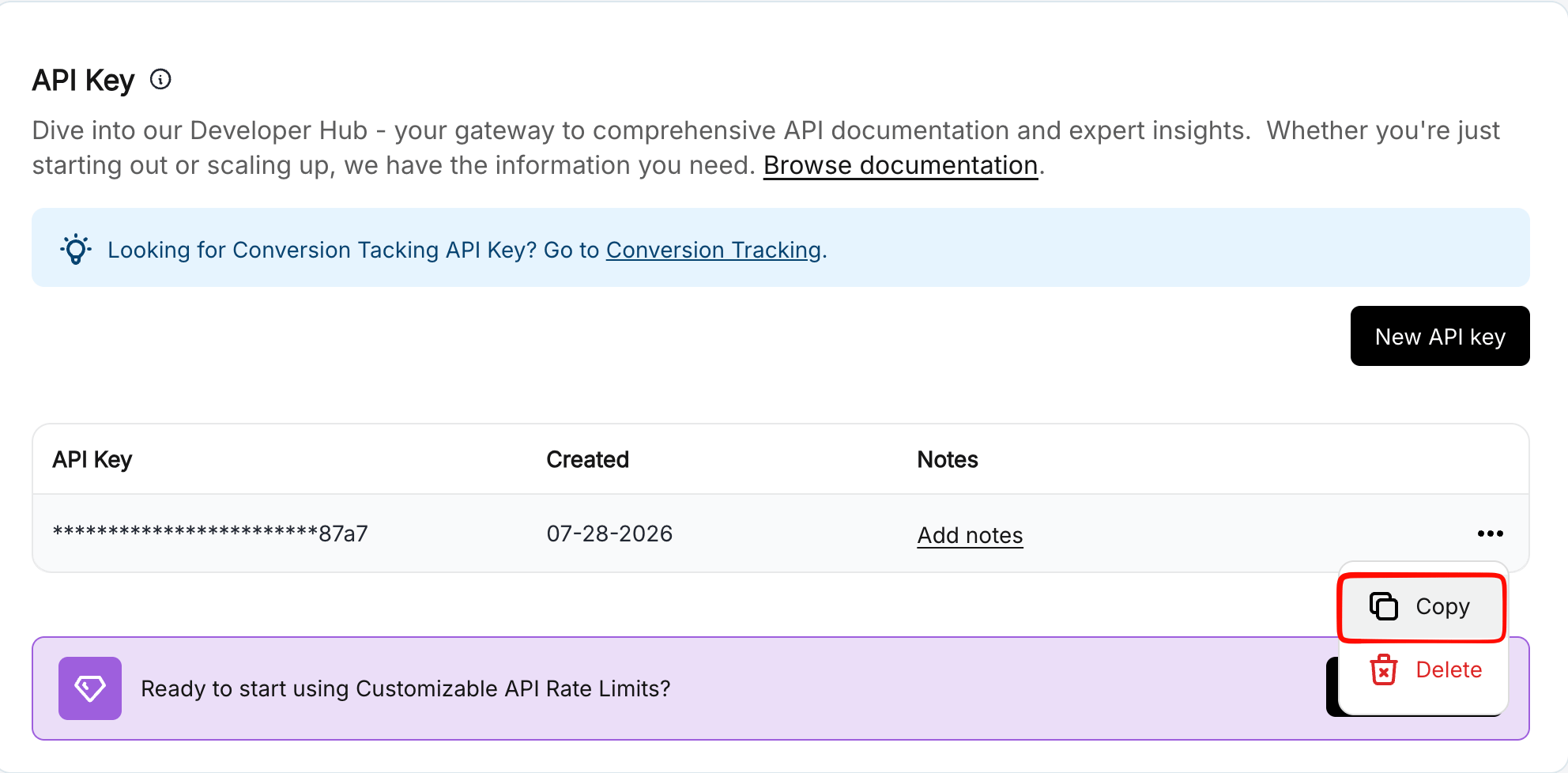 Copy button highlighted next to a masked Rebrandly API key