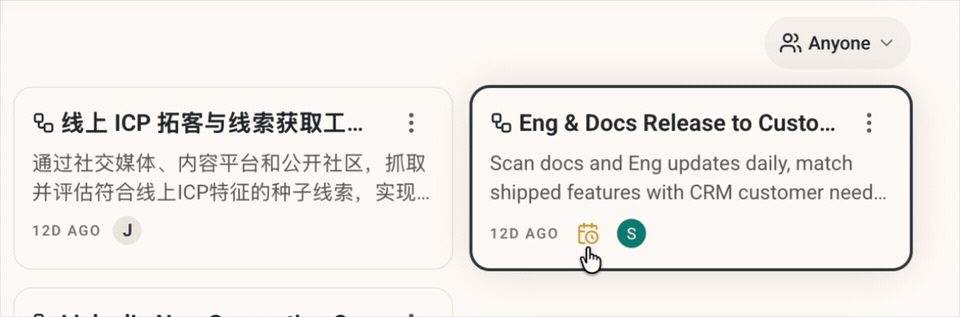 Hovering a workflow card to see its schedule status and next run time