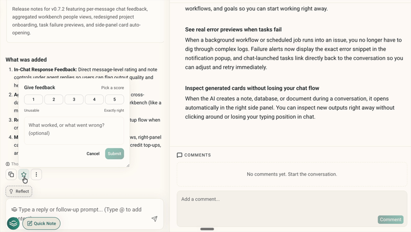 Rating a chat response with a score and optional comment