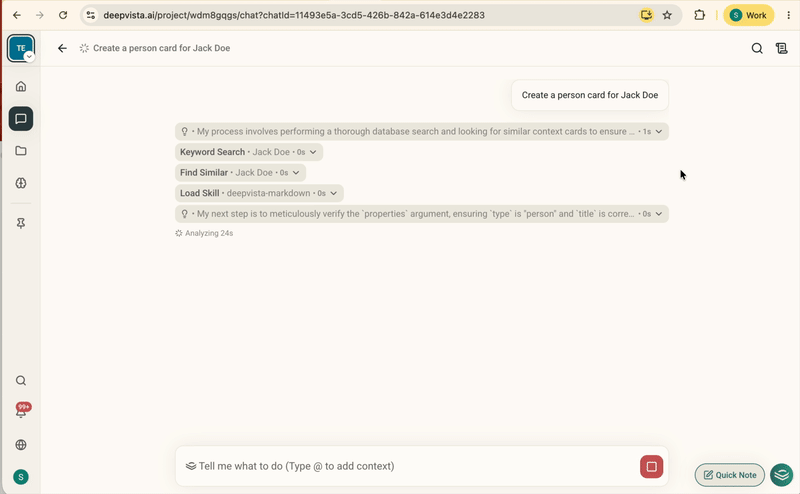 A generated card opening automatically in the side panel during a chat