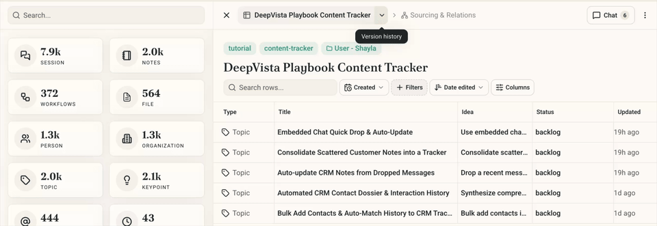 A tracker's unified changelog of row and setting changes