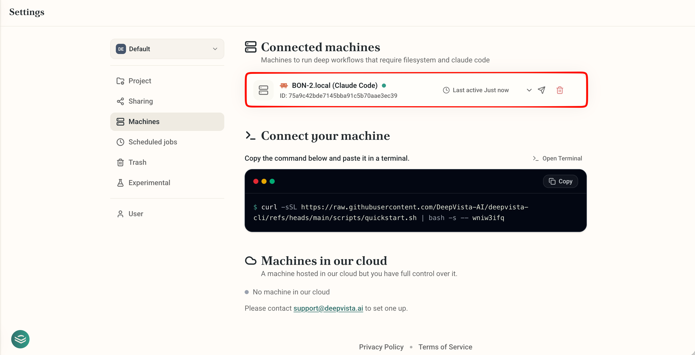 Connected machines list showing a machine online with a green status dot