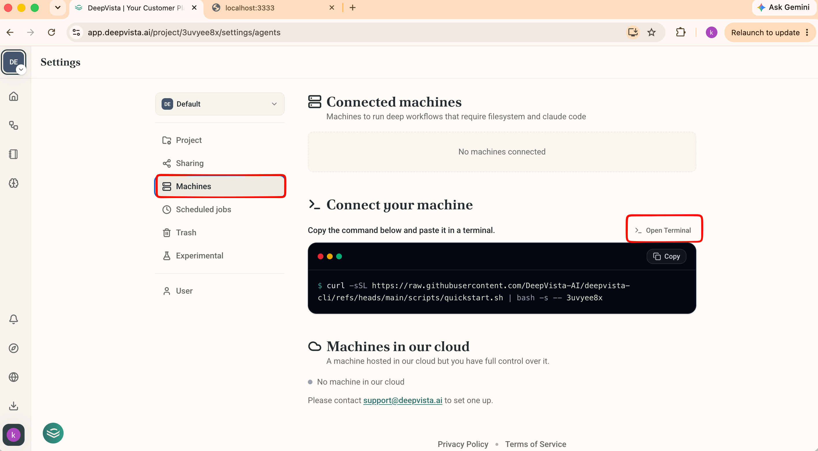 Settings > Machines page with the Open Terminal button highlighted