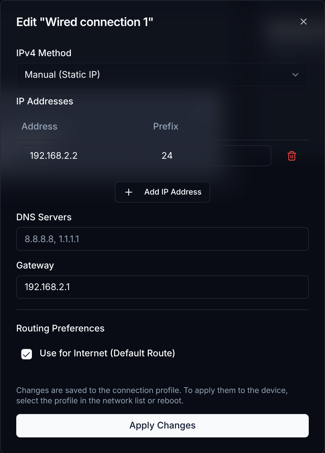 dweOS static networking configuration dialog