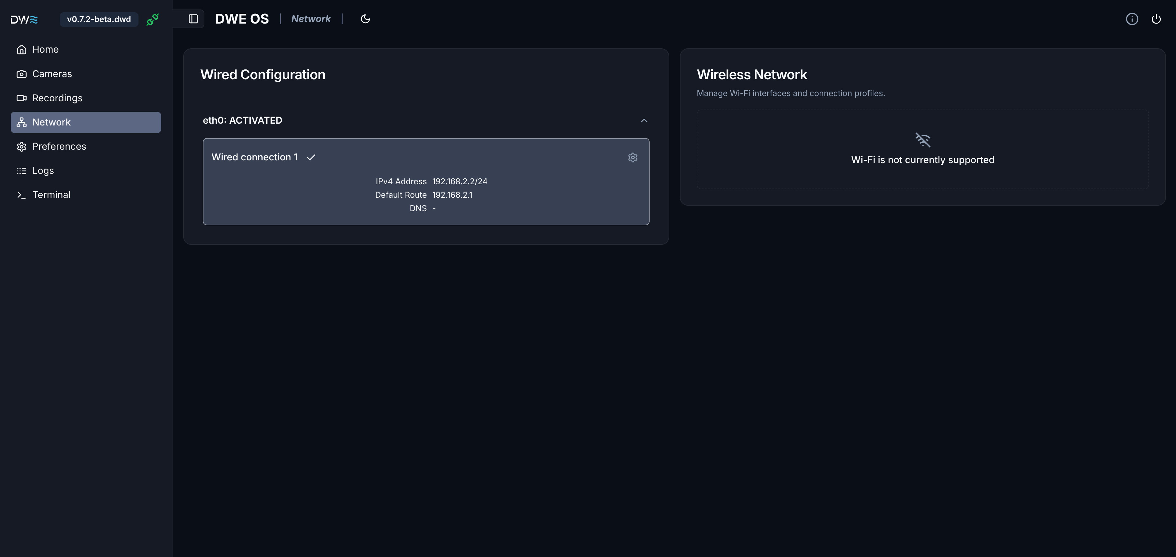 dweOS networking homepage view