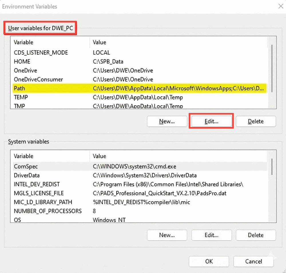 Environment Variables Dialog