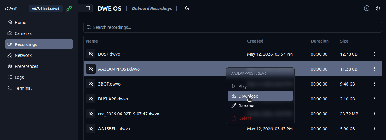 dweOS Pro download recording