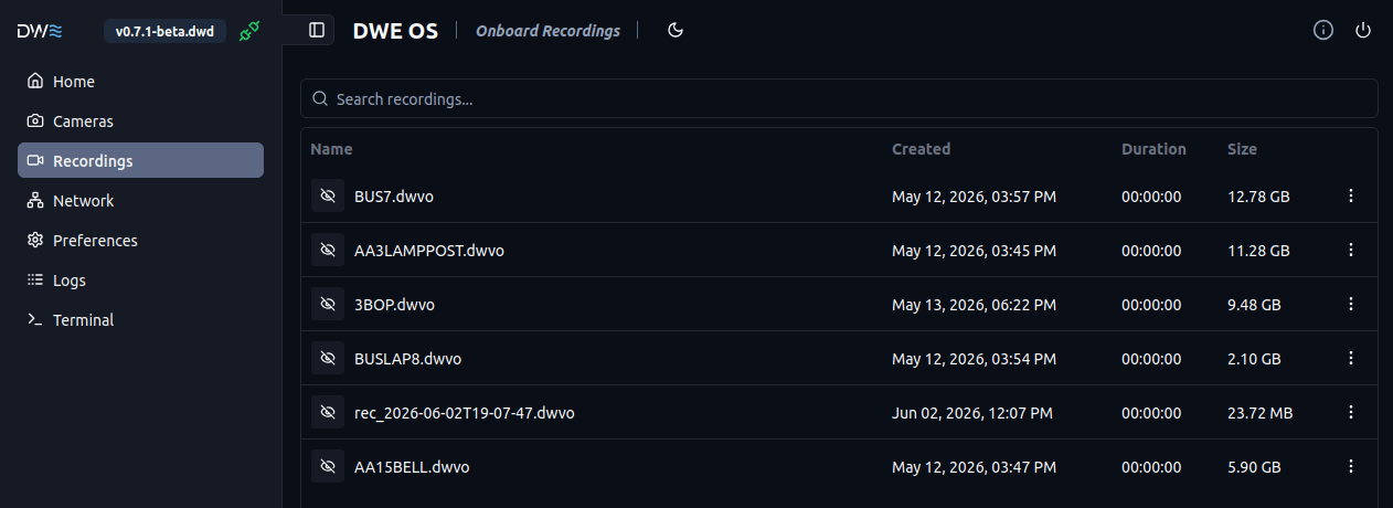 dweOS Pro recordings page