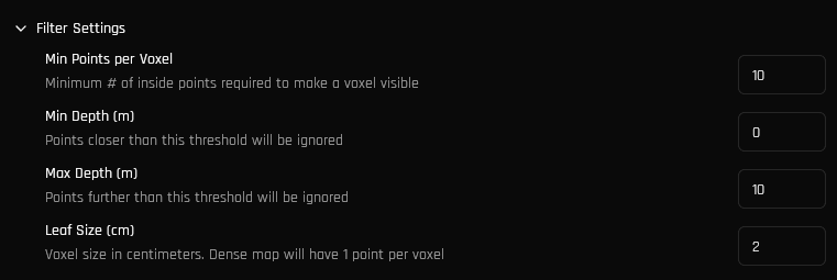 VSLAM Filter Settings