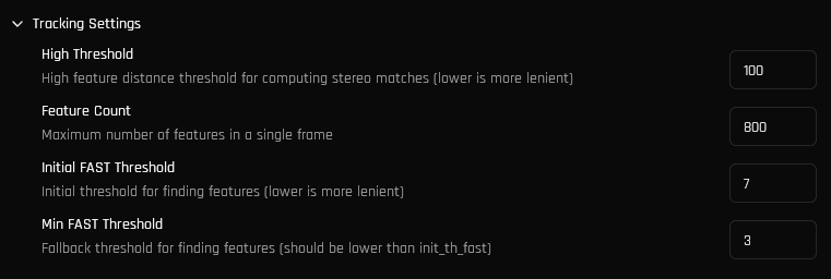 VSLAM Tracking Settings
