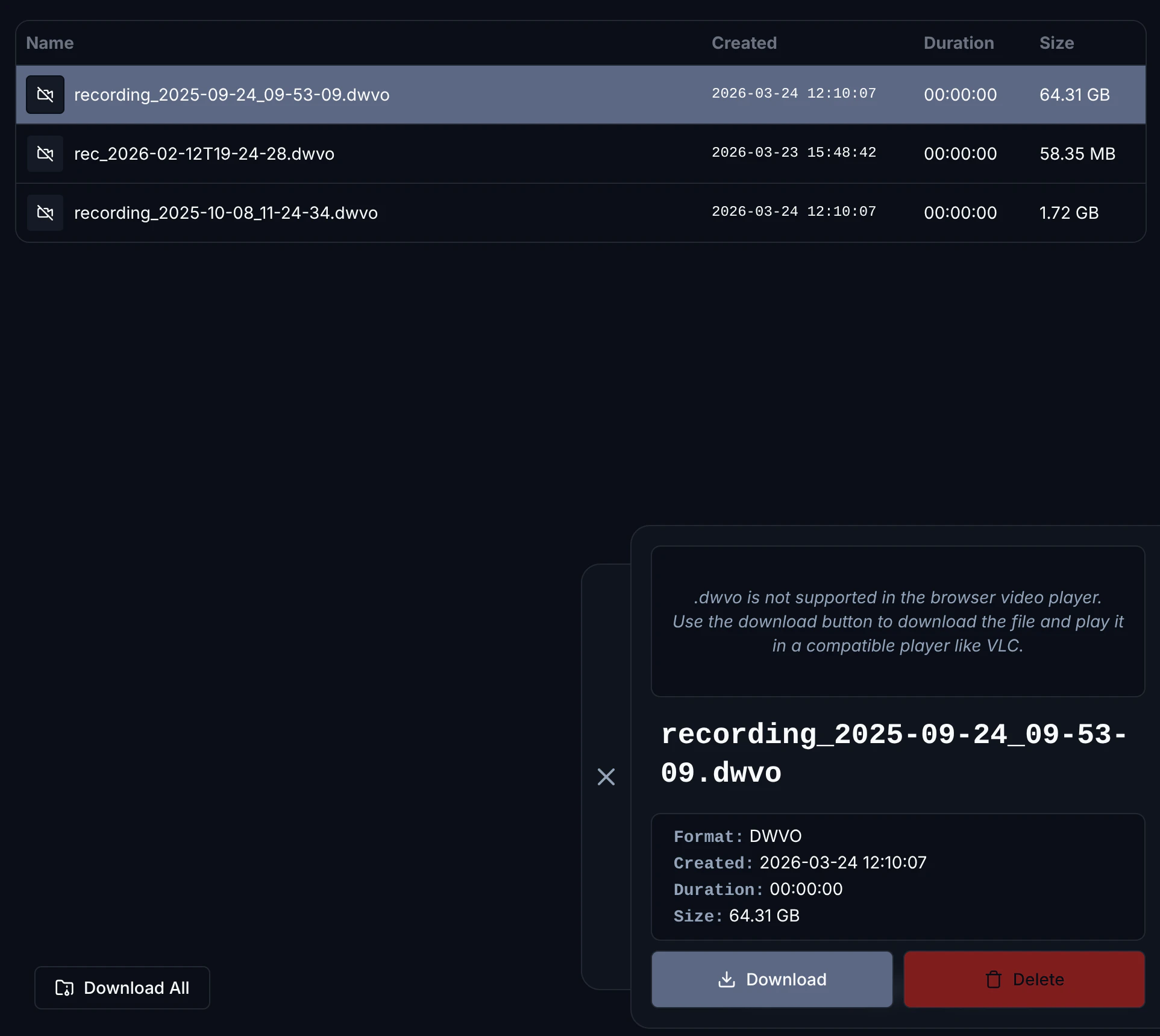 dweOS Pro download recording